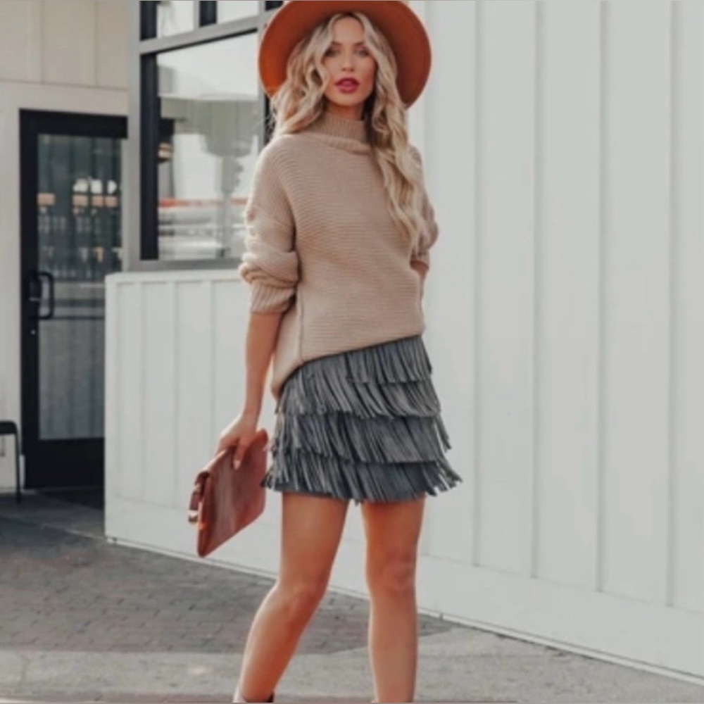 Grey Suede Fringe Skirt